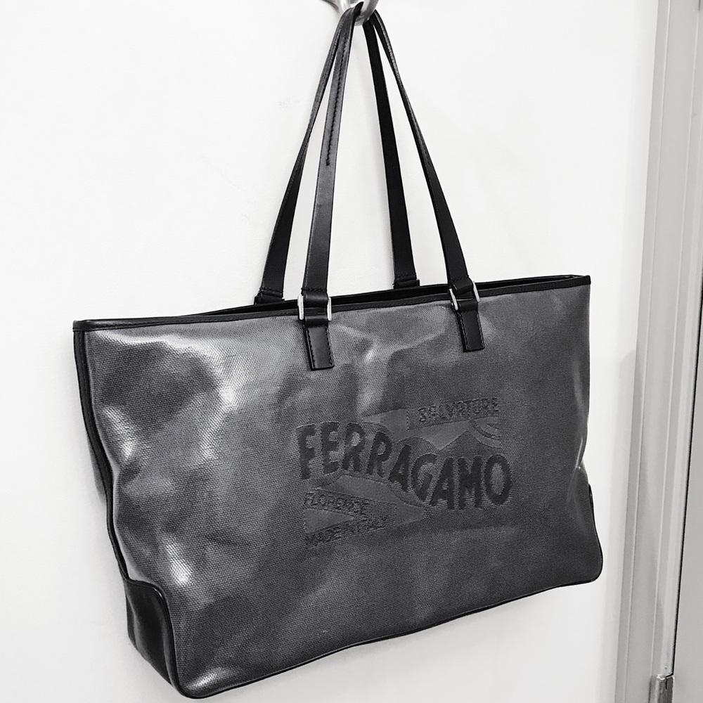 Salvatore Ferragamo Grey Coated Canvas Black Leather Neverfull GM Shoulder Tote